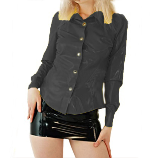 Office lady Autumn PVC Bodycon Long Sleeve Tops PU leather shirts tops 2021 Sexy Button Up Elastic Jacket Slim Fashion Blouse