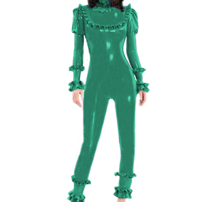 Women  PVC Lotus Leaf Party Rompers Fashionable Sexy Rubber Stage Long Jumpsuit Puff Long Sleeve One Piece Bodycon Jumpsuit