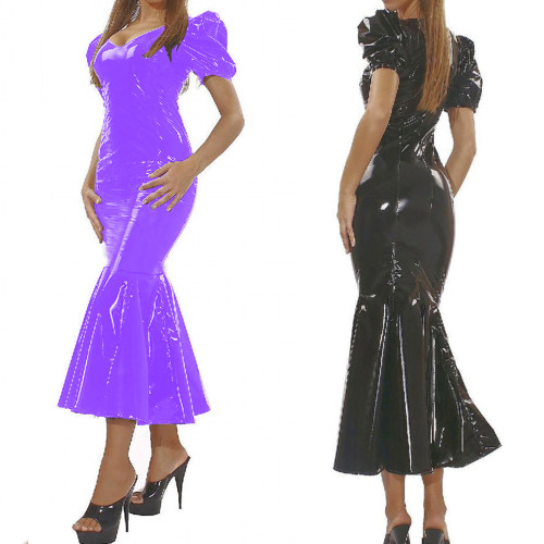 Women Summer Boho Party Puff sleeve Long Dresses 2021 Fashion Outfits Party Elegant Dress Faux Leather PVC Mermaid Dresses 7XL