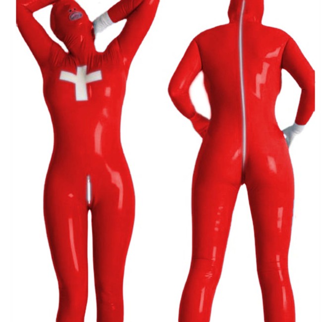 Plus Size 7XL Sexy Wetlook PVC jumpsuit  zipper Faux Leather clubwear catsuit With Glove Erotic Leotard Hooded Jumpsuit