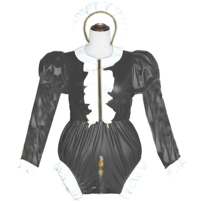 Adult Sexy Cross Dressing Maid Cosplay Costume Lockable Sexy Wetlook PVC Bodysuit Sissy Long sleeve Faux Leather Bodysuits S-7XL