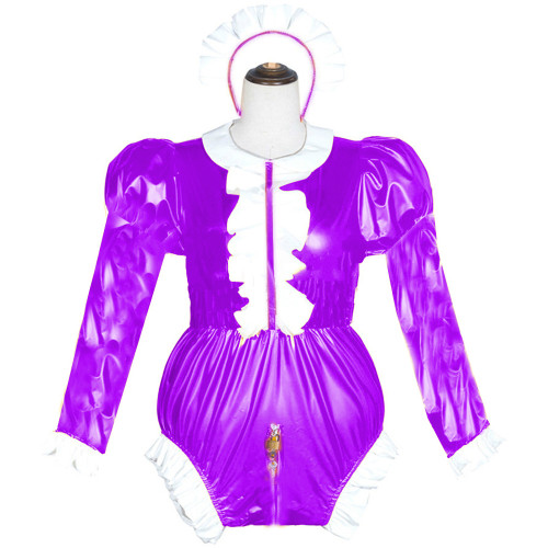 Adult Sexy Cross Dressing Maid Cosplay Costume Lockable Sexy Wetlook PVC Bodysuit Sissy Long sleeve Faux Leather Bodysuits S-7XL