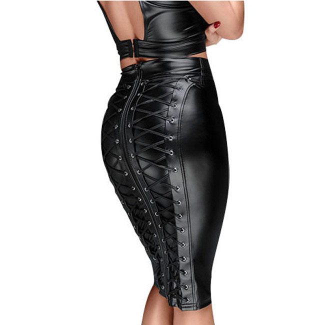 Knee Length PU leather StretchSkirt Lace Up Zipper Bandage Bodycon Skirts