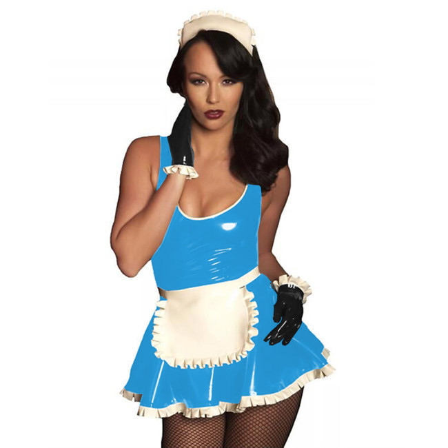 Cute PVC Maid Servant Costume Set Sissy French Dress PU leather Cosplay Fancy Dress Exotic Lolita Uniform With Apron Gloves