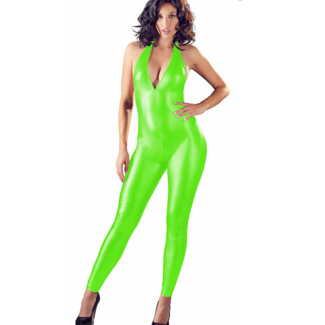 Women faux leather stretch halter jumpsuit Wet Look Leather Sleeveless Open Crotch Bodysuit Pole Rave Evening Clubwear Costumes