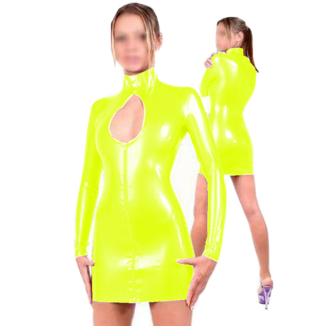Buckle Neck PVC Mini Dress Women Long Sleeve Open Bust Dress Zipper To Chest Belt Waist Clubwear Exotic Nightclub Party Catsuit