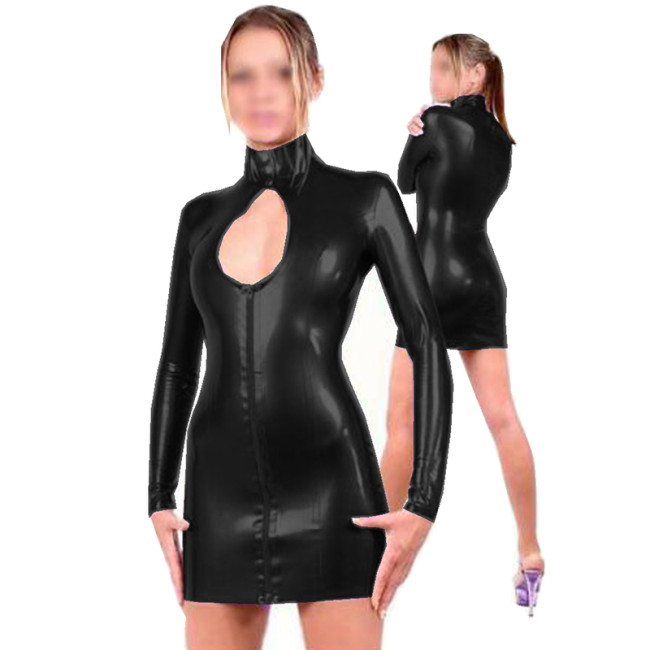 Buckle Neck PVC Mini Dress Women Long Sleeve Open Bust Dress Zipper To Chest Belt Waist Clubwear Exotic Nightclub Party Catsuit
