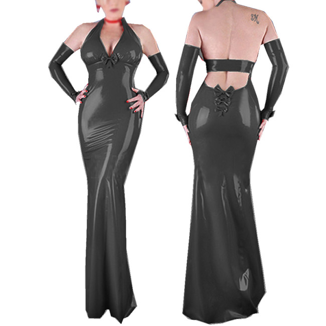 Plus Size Vintage Bowknot Long Dress Ladies Halter V-neck Bodycon Dress Gothic Sleeveless Nightclub Party Vestido With Gloves