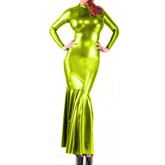 Sexy Gown Long Sleeves Rubber Dress Faux Leather PVC Party Club slim Fashion bag hip fishtail dress Outfits long dresses