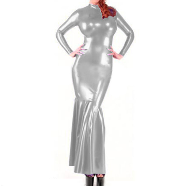 Sexy Gown Long Sleeves Rubber Dress Faux Leather PVC Party Club slim Fashion bag hip fishtail dress Outfits long dresses