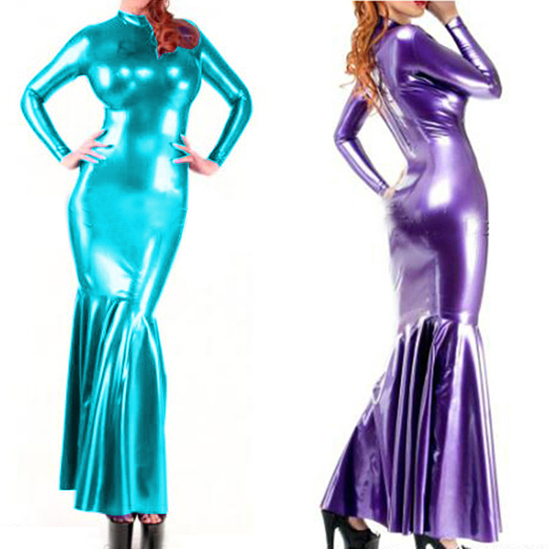 Sexy Latex Gown Long Sleeves Rubber Dress Faux Leather PVC Party Club slim  Fashion bag hip fishtail dress Outfits long dresses