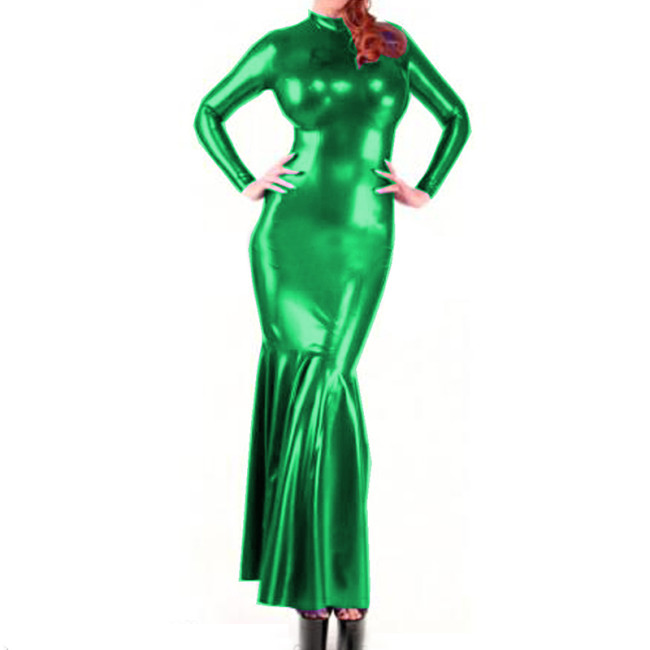 Sexy Gown Long Sleeves Rubber Dress Faux Leather PVC Party Club slim Fashion bag hip fishtail dress Outfits long dresses