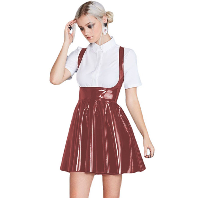 Fashionable Women Leather PVC Mini Suspender Skirt Solid Color Sleeveless Low Cut Sling Skirt 2021 New Sweet A-line Strap Skirts