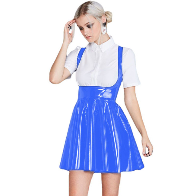 Fashionable Women Leather PVC Mini Suspender Skirt Solid Color Sleeveless Low Cut Sling Skirt 2021 New Sweet A-line Strap Skirts