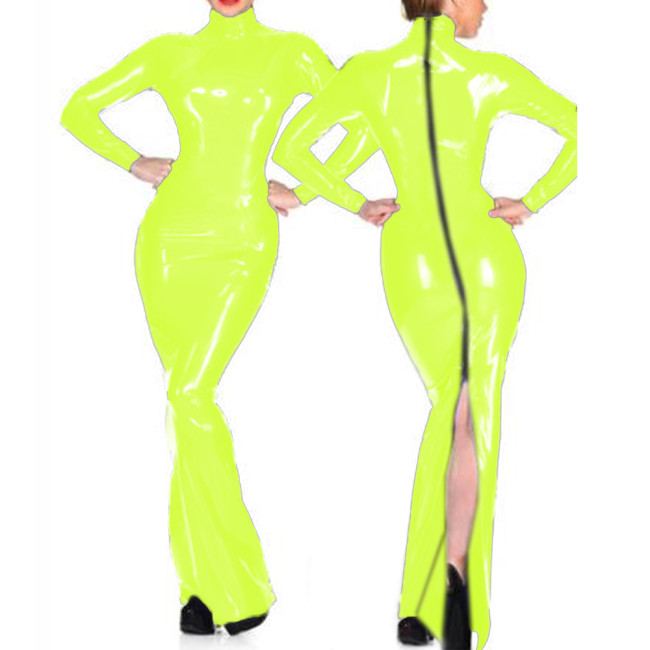 Spring New Women Leather PVC Dress Long Sleeve Solid Sexy High Neck Back Zipper Clothes Fashion Party Tight Vintage Long Dress