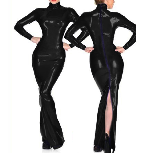 Spring New Women Leather PVC Dress Long Sleeve Solid Sexy High Neck Back Zipper Clothes Fashion Party Tight Vintage Long Dress