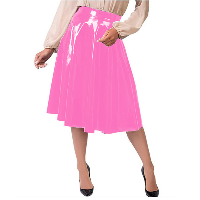 12 Colors High Quality Wet Look PVC Gothic Pleated Midi Skirt Women Vintage Knee Length High Waist Skirt Formal Party Costume