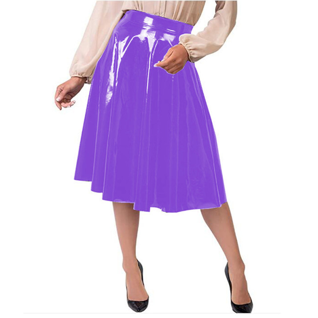 12 Colors High Quality Wet Look PVC Gothic Pleated Midi Skirt Women Vintage Knee Length High Waist Skirt Formal Party Costume