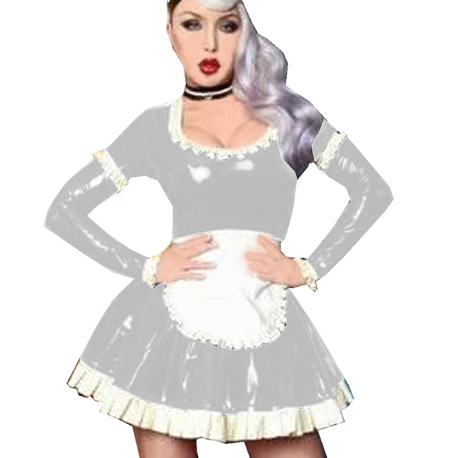 Women Long Sleeve Shiny PVC Maid Dress Maids Halloween Cosplay Costume Sissy Faux Leather Plus Size S-7XL Dresses With Apron