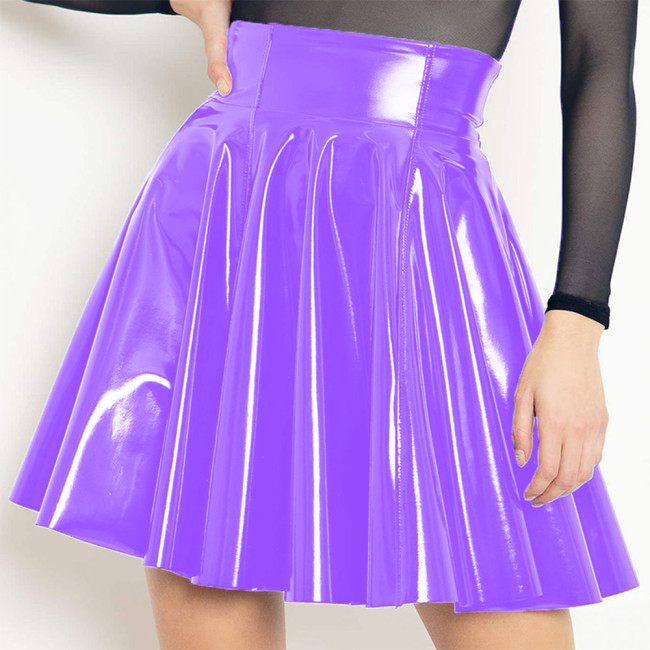 Wet Look PVC Leather Skirt Gothic Women Summer Skirts Lady High Waist Flared Pleated A-line Circle Mini Skater Skirt Clubwear