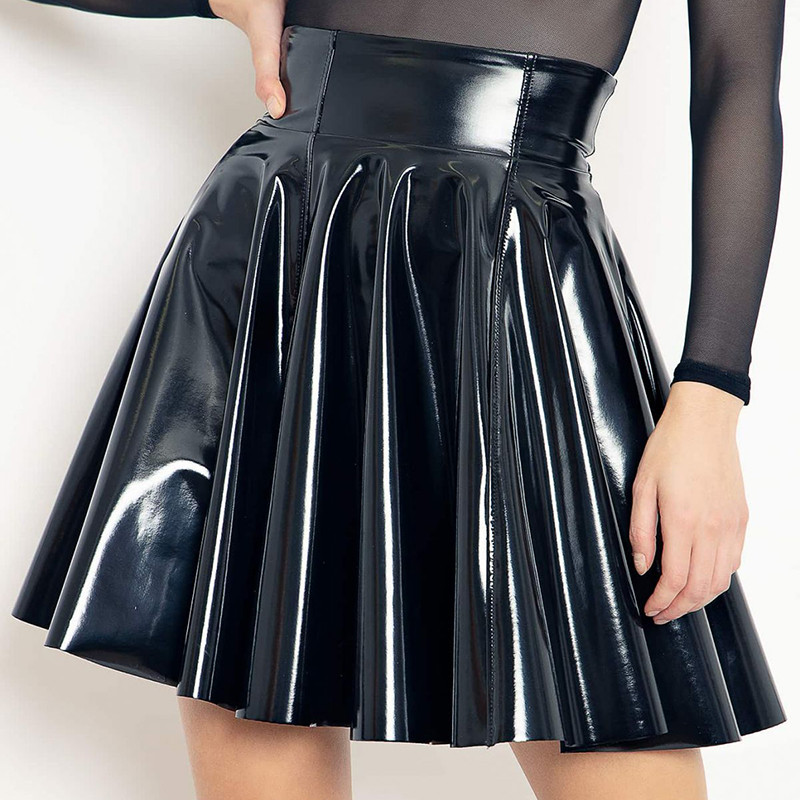 Wet Look PVC Leather Skirt Gothic Women Summer Skirts Lady High Waist  Flared Pleated A-line