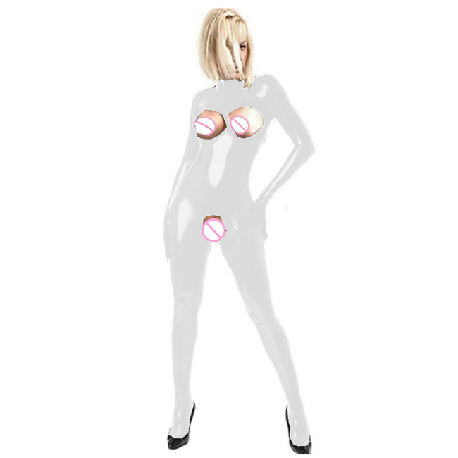 Plus Size Wet Look PVC Crotchless Footed Bodysuit Women Sexy Open Bust Full Cover Catsuit Exotic Cosplay Party Tight Costume