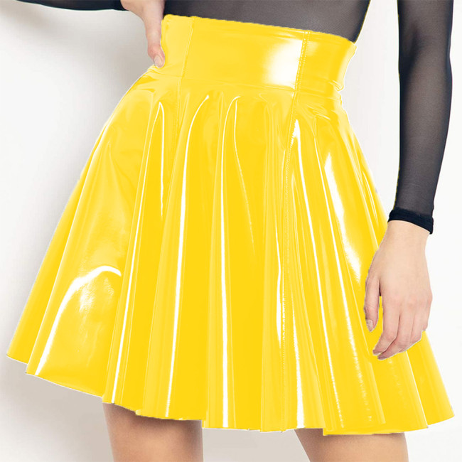 Wet Look PVC Leather Skirt Gothic Women Summer Skirts Lady High Waist Flared Pleated A-line Circle Mini Skater Skirt Clubwear