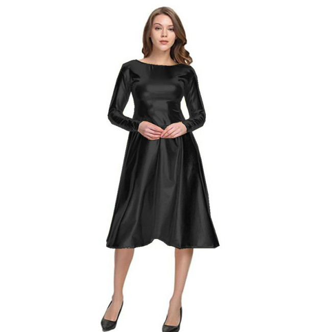 17 Colors Sparkly Long Sleeve A-line Midi Dress Women Big O-Neck Faux Leather Dress Back Zipper Long Vestido Elegant Party Robe