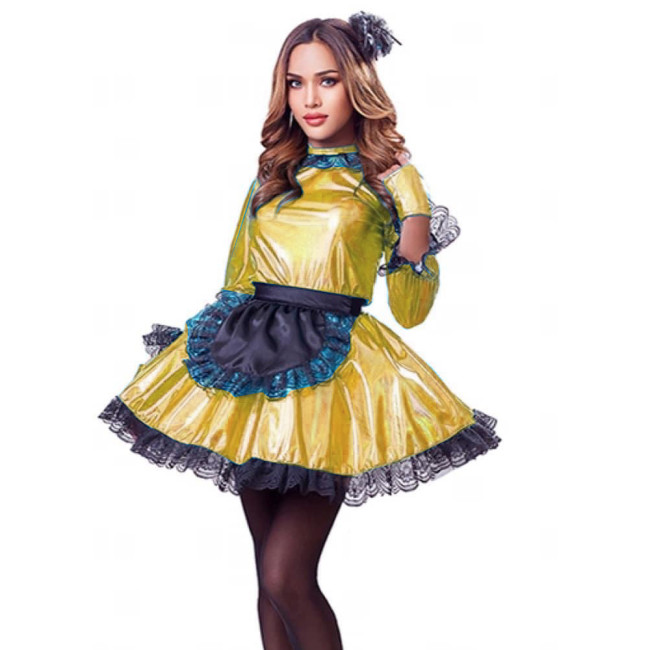 French Maid Dress Puff Sleeve Laser Maids Outfit  Exotic Servant Dresses Custom Sissy Cosplay Halloween Sexy Costume for Women