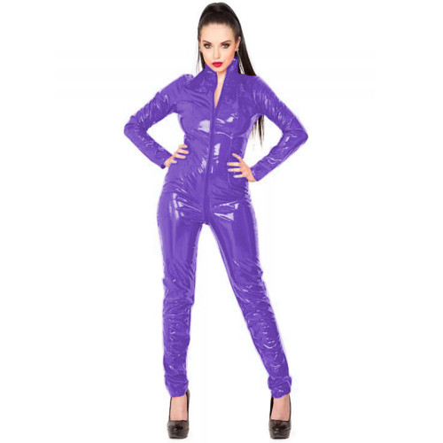 Open Crotch Female Wetlook PVC Bodysuit Front Zipper Glossy Leather Crotchless Jumpsuits Sexy Lingerie Erotic Plus Size Catsuit