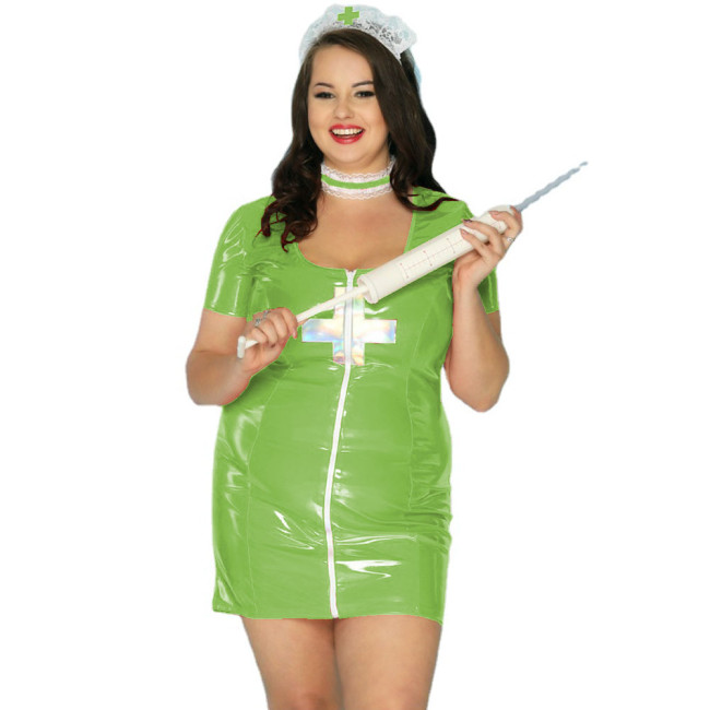 19 Colors Women Sexy Nurse Dress Uniform Nurse Cosplay 3pcs Sets Hot Erotic Maid Role Play Wet Look PVC Leather Mini Dresses