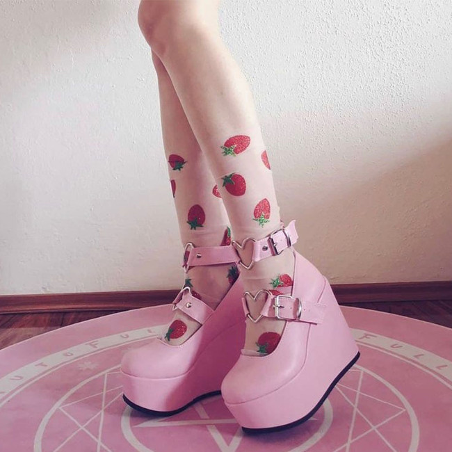 New Ladies Pink Sweet Cute women's Pumps Wedges High Heels Lolita Gothic Shoes Woman