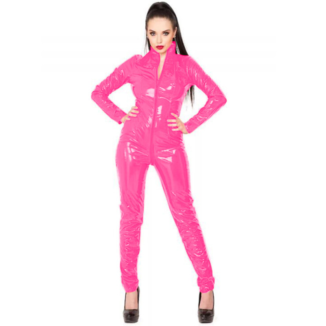 Open Crotch Female Wetlook PVC Bodysuit Front Zipper Glossy Leather Crotchless Jumpsuits Sexy Lingerie Erotic Plus Size Catsuit