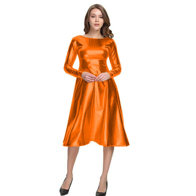 17 Colors Sparkly Long Sleeve A-line Midi Dress Women Big O-Neck Faux Leather Dress Back Zipper Long Vestido Elegant Party Robe