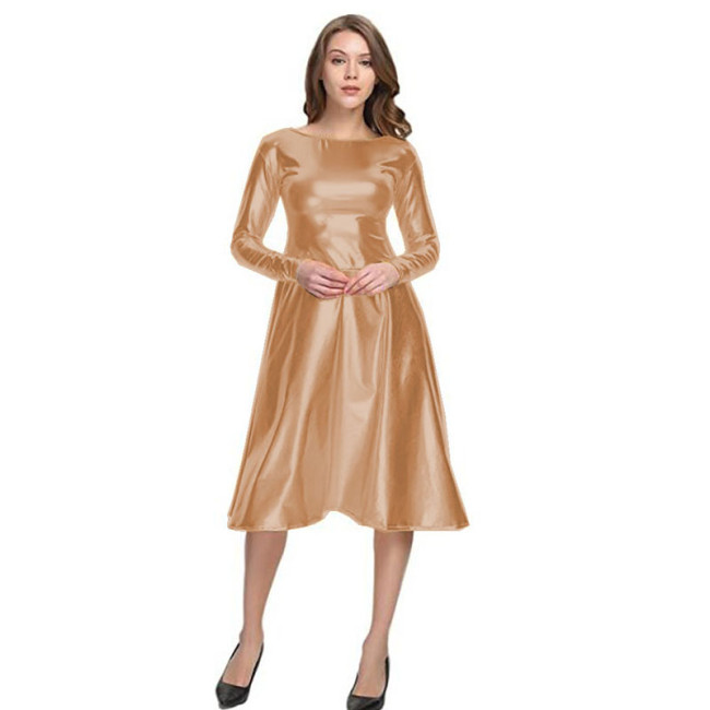 17 Colors Sparkly Long Sleeve A-line Midi Dress Women Big O-Neck Faux Leather Dress Back Zipper Long Vestido Elegant Party Robe