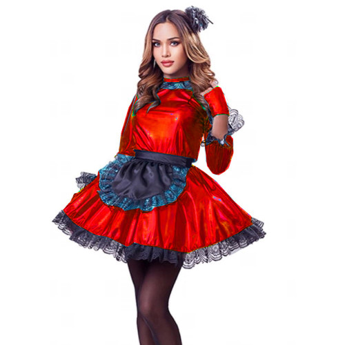 French Maid Dress Puff Sleeve Laser Maids Outfit  Exotic Servant Dresses Custom Sissy Cosplay Halloween Sexy Costume for Women