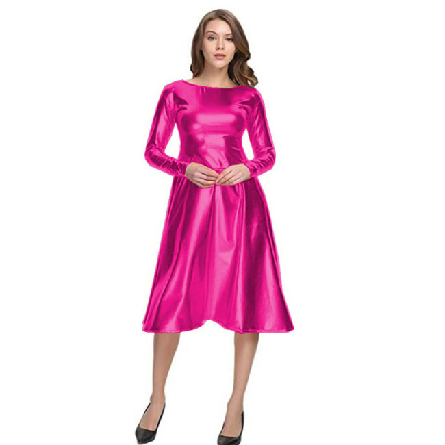 17 Colors Sparkly Long Sleeve A-line Midi Dress Women Big O-Neck Faux Leather Dress Back Zipper Long Vestido Elegant Party Robe