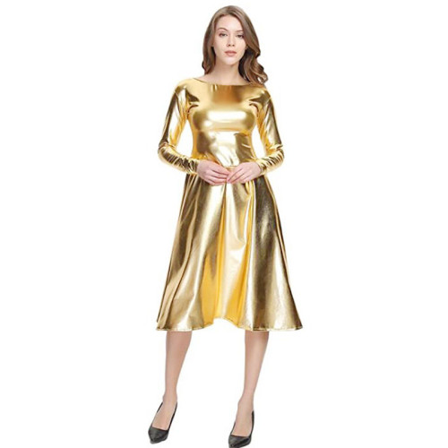 17 Colors Sparkly Long Sleeve A-line Midi Dress Women Big O-Neck Faux Leather Dress Back Zipper Long Vestido Elegant Party Robe