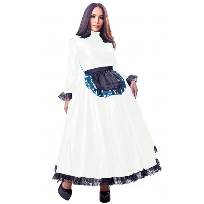 French Maid Dress Queen Gown Cosplay Costume Long Flare Sleeve Sissy Dresses with Black Lace Wet Look Lolita Vestidos Plus Size