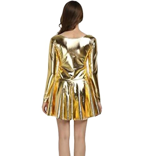 Women Patent Leather Mini Dress Shiny Metallic Long Sleeve Short A-line Club Dresses PU Sexy Street Pole Dancing Costume XS-7XL