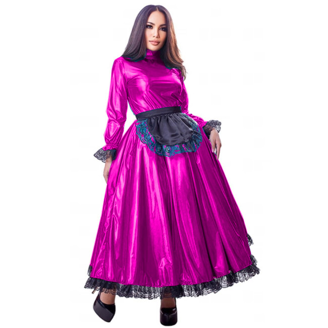 French Maid Dress Queen Gown Cosplay Costume Long Flare Sleeve Sissy Dresses with Black Lace Wet Look Lolita Vestidos Plus Size