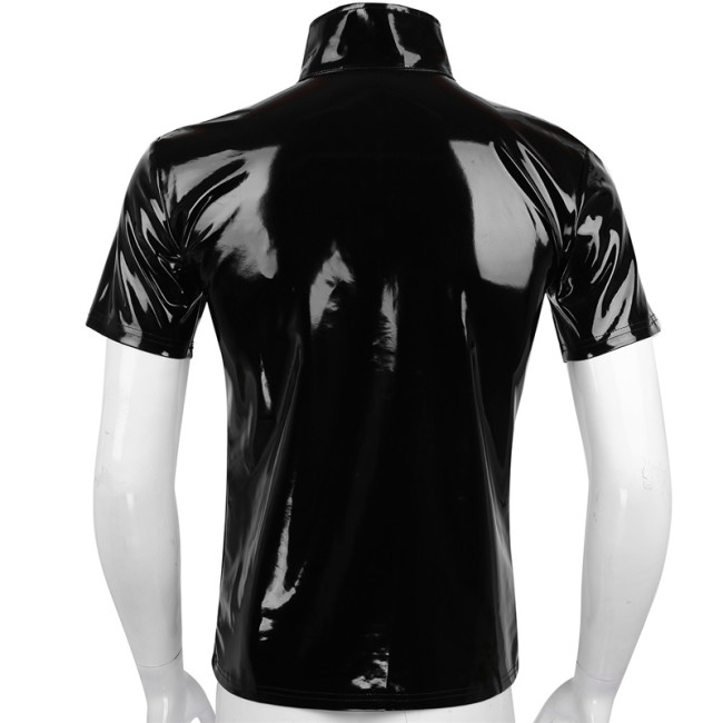Plus Size S-7XL Shiny PVC T Shirt Unisex Metallic Hipster Leather Tshirt Sexy Stand Collar Short Sleeves Front Zip T-shirt Tops