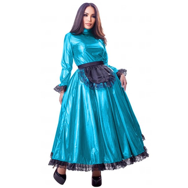 French Maid Dress Queen Gown Cosplay Costume Long Flare Sleeve Sissy Dresses with Black Lace Wet Look Lolita Vestidos Plus Size