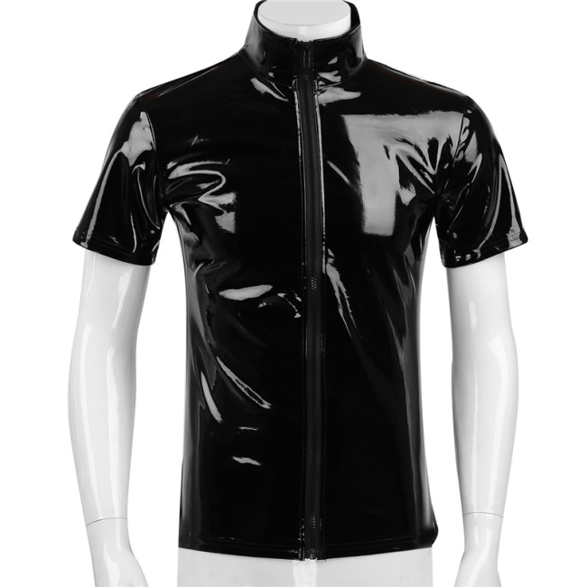 Plus Size S-7XL Shiny PVC T Shirt Unisex Metallic Hipster Leather Tshirt Sexy Stand Collar Short Sleeves Front Zip T-shirt Tops