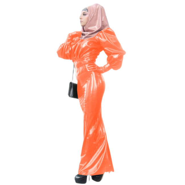 Sexy PVC Dress Set Adult Women Long Puff Sleeve Costume with Gloves Maxi skirts and scarf Zippr Back Office Outfit