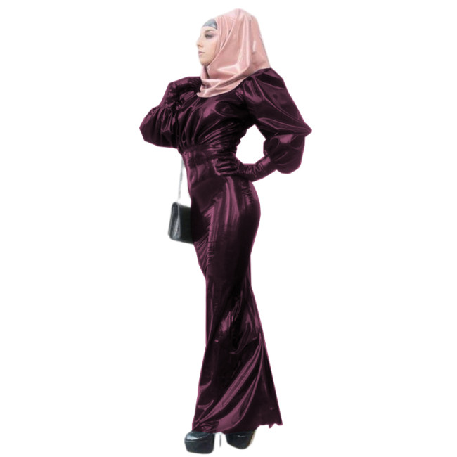 Sexy PVC Dress Set Adult Women Long Puff Sleeve Costume with Gloves Maxi skirts and scarf Zippr Back Office Outfit