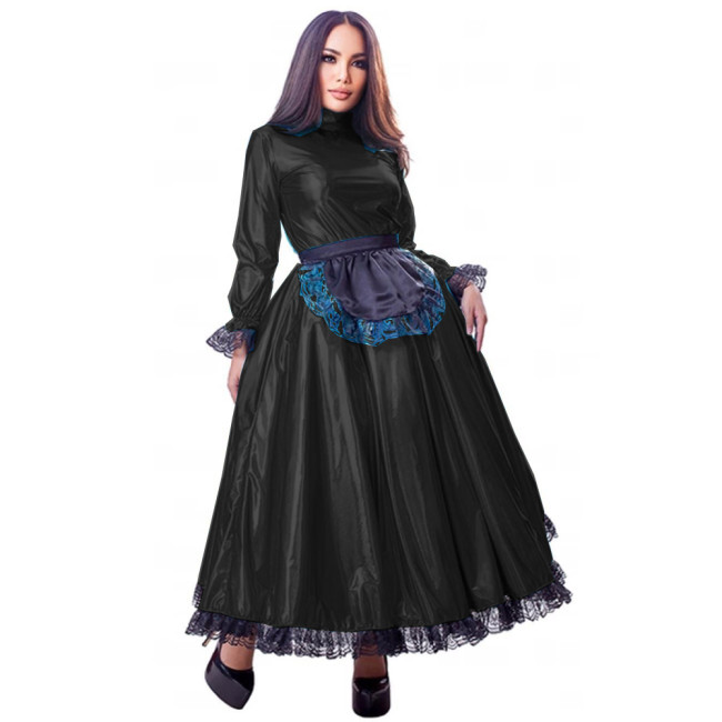 French Maid Dress Queen Gown Cosplay Costume Long Flare Sleeve Sissy Dresses with Black Lace Wet Look Lolita Vestidos Plus Size