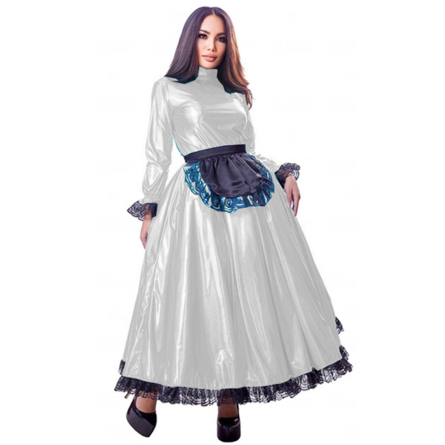 French Maid Dress Queen Gown Cosplay Costume Long Flare Sleeve Sissy Dresses with Black Lace Wet Look Lolita Vestidos Plus Size
