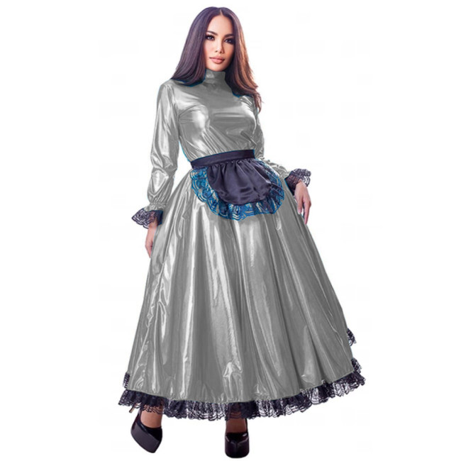 French Maid Dress Queen Gown Cosplay Costume Long Flare Sleeve Sissy Dresses with Black Lace Wet Look Lolita Vestidos Plus Size