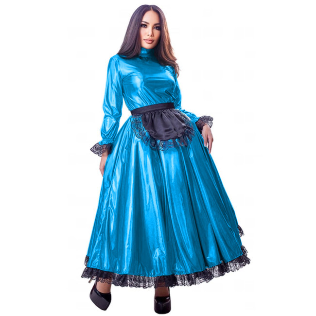 French Maid Dress Queen Gown Cosplay Costume Long Flare Sleeve Sissy Dresses with Black Lace Wet Look Lolita Vestidos Plus Size